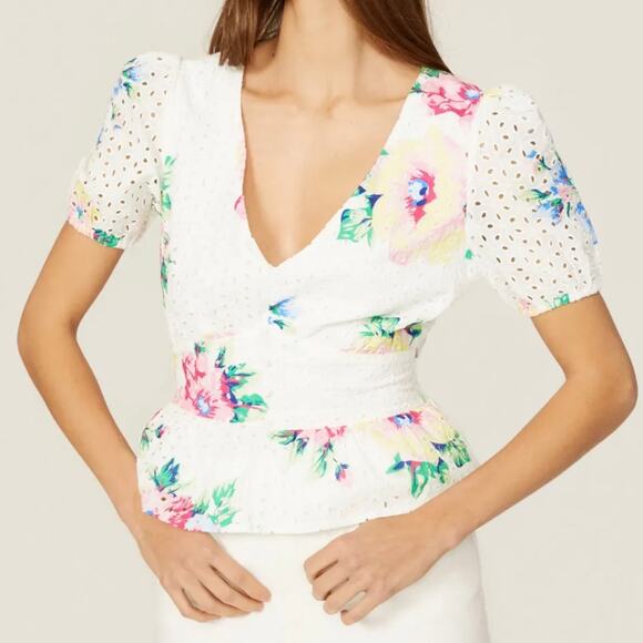 Slate & Willow Tops - Slate & Willow Women's Floral Tie Peplum Top Small White Multicolored